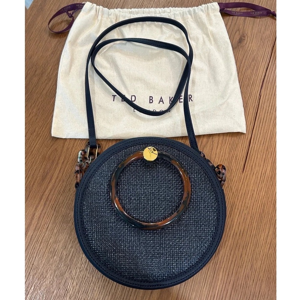 Ted Baker Agneti Navy Blue Woven Round Crossbody Bag Tortoiseshell Resin Handle